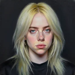 realistic oil painting highly detailed billie eilish looking at you, dark background