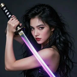 stylized portrait of woman with long black frizzy hair wielding a neon katana by Dustin Nguyen, artstation, professionally illustrated