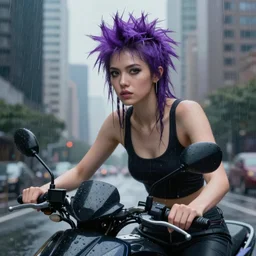 perfect portrait of a realistic girl rding a motorbike in a light rain with violet punk hair in a city with skyscrapers , hyperrealistic painting , perfect an wild face