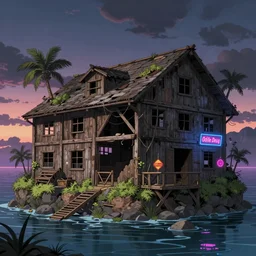 a beautiful very detailed anime illustration, abandoned shipbuilding wooden warehouse building by odile decq, reclaimed by nature architecture island at dawn vaporwave darkacademia dramatic lighting retrowave lightpaint neon signs magic realism, archdaily, wallpaper, highly detailed, trending on artstation