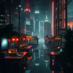 a beautiful photorealistic highly detailed office city urbex by vija celmins, crystal sci - fi laser matte painting assassin's creed bladerunner 2 0 4 9 cyberpunk dramatic lighting bioshock forest san andreas nature tron universe neon noir sunset water scumm bar, archdaily, wallpaper, highly detailed, trending on artstation.