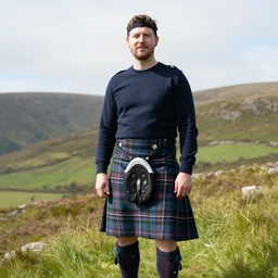 portrait of scottish dude in a kilt tanning on a summer day in the Cairngorms