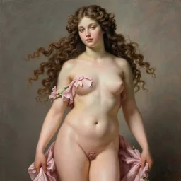 an hyperrealistic mythological oil painting of venus with long curly brown hair, full body, wearing pink floral chiton, sleeping on a giant scallop shell, near the seashore, intricate lines, elegant, renaissance style, by sandro botticelli