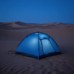 small tent in the desert with dunes at night, blue color scheme, artstation, cgsociety