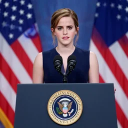 Photo of Emma Watson as the President of the USA making a speech in front of the USA flag