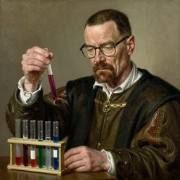 portrait of walter white from breaking bad handling econ test tubes with chemicals, detailed oil painted by albrecht durer, classic pose, medieval dressed
