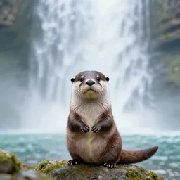 A cute otter playing in front of a huge ethereal waterfall by greg staples and Greg Rutkowski, ultra detailed