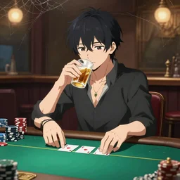 anime character playing poker and drinking in a cozy bar, cobwebs, grunge, dungeon, mossy, volumetric lighting, hyper real, pencil art, moody lighting, eldritch horror, comfy