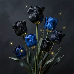 beautiful digital matte painting of whimsical botanical illustration black and blue tulips with fireflies enchanted dark background dark contrast by android jones