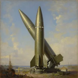 medieval elegant painting of a icbm missile, oil painting