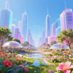 floor level perspective year 3 0 0 1 illuminated cyberpunk vibrant park filled with holograms metropolis minimalism inspired clear day flower liquid umbrellas [ translucent skyscrapers ] saturated lighting fantasy scifi by ross tran utopia elegant artstation