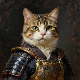 a cat samurai in Japanese armour, oil painting, by Rembrandt