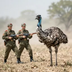 emus soldiers, emus holding a gun. soviets, realists.