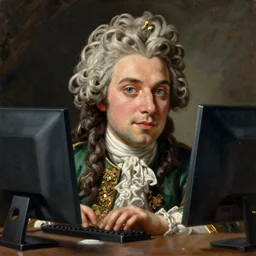 A fantasy comic book style portrait painting of limmy, Caucasian eyes, using his desktop pc, François Boucher, Oil Painting, unreal 5, DAZ, hyperrealistic, octane render, Regal, Refined, Detailed Digital Art, William-Adolphe Bouguereau, Michael Cheval, Walt Disney (1937), dynamic lighting, Highly Detailed, Cinematic Lighting, Unreal Engine, 8k, HD