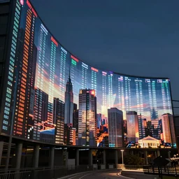 city sized curved screens projecting stock market quotes