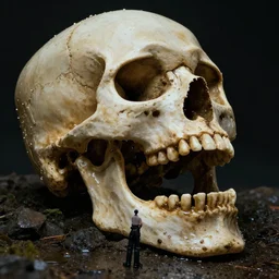 a ver large wet skeleton skull rock with its mouth opened, man standing next to it, photo realistic, 4 k