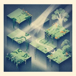 expansive isometric planes, grainy, risograph, dramatic lighting, flowing, lush overgrowth, ivy, vines, flowers, trees, birds, fog, matte print, muted colors, ( ( mads berg ) ), victo ngai, moebius, dark blue + greens + beige + orange, modern art deco, cottage core