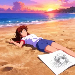 girl laying in the sand next to ocean in sunset, sprite, vaporwave nostalgia, directed by beat takeshi, visual novel cg, 8 0 s anime vibe, kimagure orange road, maison ikkoku, initial d, sketch by osamu tezuka, directed by hideki anno