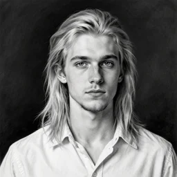 black and white pencil portrait of a skinny european male, longer blond hair, light stubble beard, wearing a light shirt, blue eyes, rugged, teenage, fantasy, wizard, trending artstation, relaxed expression, dark lighting, high detail