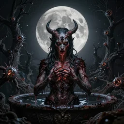 evil baptism, decay, ritual, full moon, fractals, sorcery, dark age, highly detailed, otherworldly