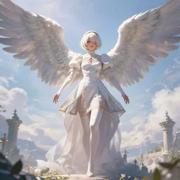 infinitely detailed concept art of angel!! elegantly clothed imposing it's majestic aura, spreading it's gloriously detailed wings. in a peaceful nier automata dream setting!, artstation!! / pixiv!!! infinitely detailed, library dream world outdoors nier automata scenery art concept, dream magical, dream scenery art, dream lighting, full - body majestic angel