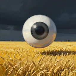 big orb eye flying above the yellow field of wheat by simon stolenhag artstation dark moody colorful digital art