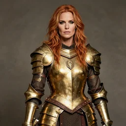portrait photo of a barbarian woman in gold armor taken by Anne Leibovitz