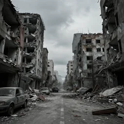 an apocalyptic derelict city street with destroyef buildings on the sides