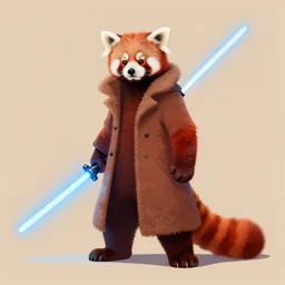 red panda in a coat with blue lightsaber, art by cushart krentz and greg rutkowski, perfect angle, elegant, morandi color scheme, 8 k resolution, octane render, commission art