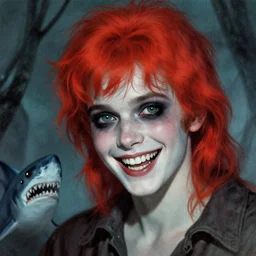 a vibrant and eerie science textbook illustration from the 1 9 7 0 s depicting a beautiful but creepy young man with red hair and a smile like a shark