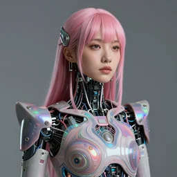 portrait of a beautiful mongolian woman with pink hair as a cyberpunk cyborg half robot, revealing wires and electronics, hooked - up, sci - fi, missing panels, intricate abstract upper body intricate artwork, concept art, octane render, deviantart, cinematic, key art, hyperrealism, iridescent accents, portrait photograph, nikon 3 5 mm, photograph by greg rutkowski