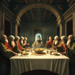 wu - tang clan in the last supper by leonardo da vinci, by justin bua, by artgerm, by rossdraws, fantasy art by greg rutkowski, loish, unreal engine, trending on artstation, radiant light, detailed and intricate environment