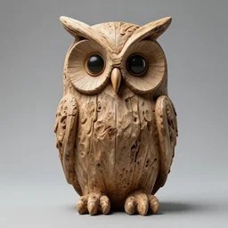 symmetrical detailed sculpture of an owl, made of driftwood