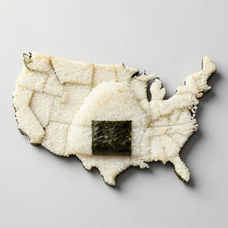 Shape of US map made out of onigiri sushi, in the style of sushi