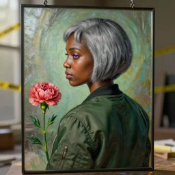 black woman, hairstyle = short bob!!!, hair colour = light grey!!!, eyes = purple, wearing dark green bomber jacket, by gustave dore. back glass painting, carnation, encaustic painting, b - roll, establishing shot, dappled light, crime scene photography, 8 k, vray, unreal engine, blender cycles, colorful