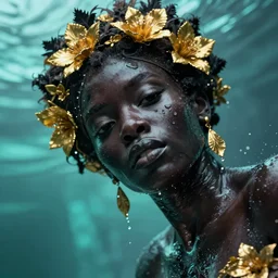 hyperrealistic cinematic very expressive! black oshun goddess, in water up to her shoulders, mirror dripping droplet!, gold flowers, highly detailed face, digital art masterpiece, smooth eric zener cam de leon, dynamic pearlescent teal light, tilt angle uhd 8 k, sharp focus