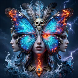 3 d goddess butterfly face portrait, sigma 4 0 0 mm f / 5. beautiful intricate highly detailed quetzalcoatl skull and feathers. bioluminescent, plasma, lava, ice, water, wind, creature, thunderstorm! artwork by tooth wu and wlop and beeple and greg rutkowski, 8 k trending on artstation,