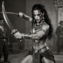 movie aztec warrior princess fighting with kunai, inspired by monster hunter and dark fantasy and fashion, beautiful  body, clean brutal blooded  symmetrical face,  brutal bloody  and sluty make up, epic,dramatic lighting, cinematic, establishing shot, extremely high detail, photorealistic,  brutal, provocative , cinematic lighting, artstation, octane render, dark fantasy ,old photo, vintage, black and white, Boris vallejo, sepia, old photography, documentary photography