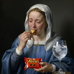 the virgin mary eating a whole pack of reese's pieces while crying into a glass of gin and tonic, detailed portrait, very realistic, jan van eyck, 8 k, anamorphic framing