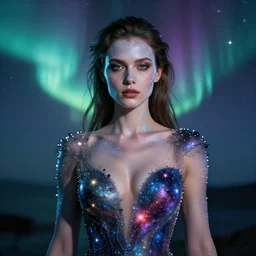 cassandra cain portrait, in a decollete dress made of an aurora, space, cosmic, stars, flares, art by artgerm, wlop, loish, ilya kuvshinov, 8 k realistic, hyperdetailed, beautiful lighting,, detailed background, depth of field, symmetrical face, frostbite 3 engine, cryengine,