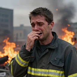 Close up of a man standing alone crying the city is burning and fire is everywhere while world is getting destroyed