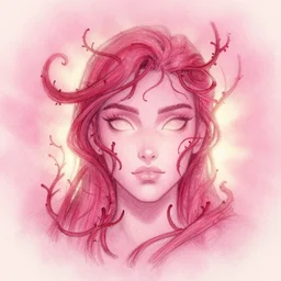 pink on red dead vines shaping a human face, sketch illustration, soft glow, dappled light, disney concept art, backlit, indie studio, fantasy, rim lighting, pastel shades, powerful, emotional, powerful, epic composition, noise, texture, rule of thirds,