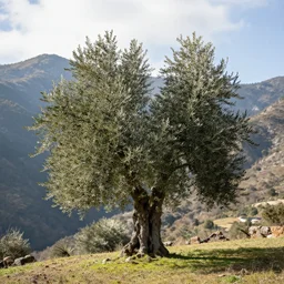 an olive tree in the mountains in winter, photorealistic