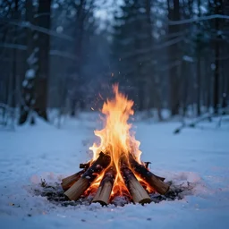 a campfire is sitting in a frozen forest at night, clear focus, bokeh effect, high res, hasselblad, 4 k, iso 1 6 0 0, shutter speed 1 0 0 0, dslr, professional, cinematic, award winning