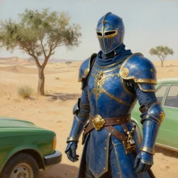 blue knight with gold accents, desert with small trees and shrubs, next to green car, painting, detailed, realistic, complimentary colors, light, by richard doyle, by robert hagan, by tim hildebrandt, artstation, cinematic, dramatic lighting, close up, wide angle, intricate design