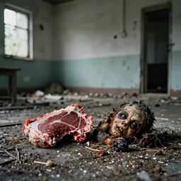 1 9 7 0 s photography, real meat and rotten creature in abandoned house