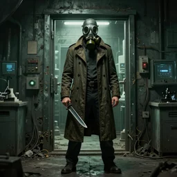 UHD hyperrealistic photorealistic detailed image of a man in a longcoat, wearing a full-face gasmask, brandishing a knife, inspired by the Stalker video game series standing in front of an laboratory door, in a ruined and dark underground lab with a green undertone by Ayami Kojima Amano Karol Bak, Greg Hildebrandt and Mark Brooks
