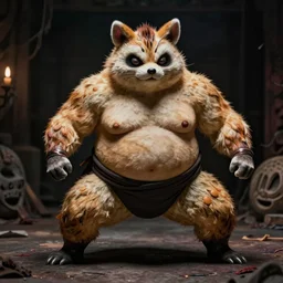 ultra realistic horror photo of a dimly lit a tanuki as a sumo ringer, yokozuna, very intricate details, focus, full frame image, curvy, model pose, artwork by tooth wu and wlop and greg rutkowski, award winning