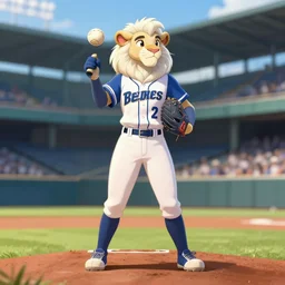 beautiful full body portrait of a female anthropomorphic albino lioness fursona baseball player at a baseball stadium pitcher's mound. character design by disney, charlie bowater, ross tran, artgerm, and makoto shinkai, detailed, soft lighting, rendered in octane