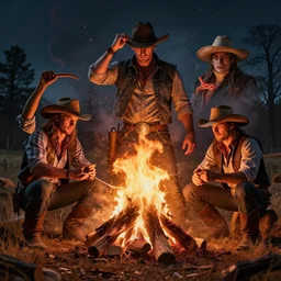 cowboys around a campfire splash art graphic design art, fantasy, highly detailed, art by greg rutkowski